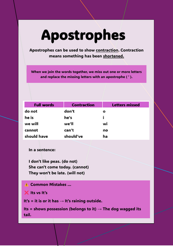 Apostrophes - helpsheet - for contractions