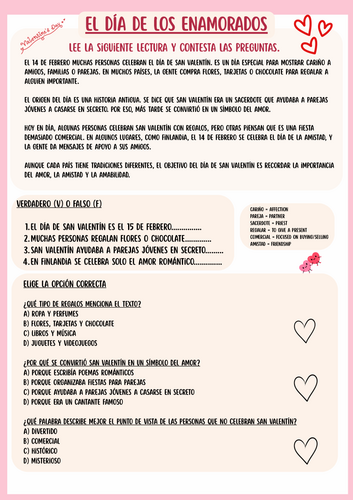 San Valentin Spanish reading comprehension KS3/KS4