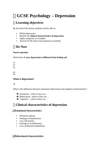 GCSE Psychology - Psychological Problems - Depression Worksheet Activity / Cover Work
