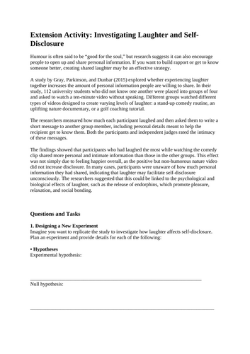 A Level Psychology - Relationships: Investigating Laughter and Self-Disclosure – Extension Activity