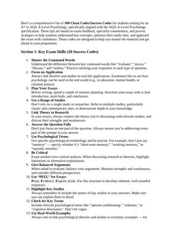 100 Cheat Codes/Success Codes for students aiming for an A* in AQA A-Level Psychology