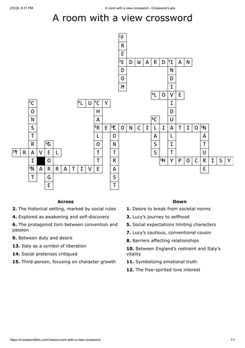 A room with a view crossword - English literature