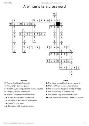 A winter's tale cross word - English literature