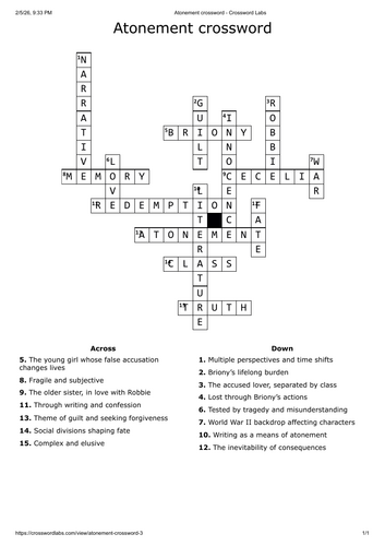 Atonement crossword - English literature