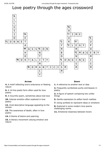 Love poetry through the ages crossword - English literature