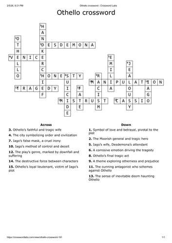 Othello crossword - English literature