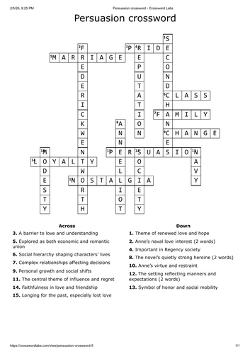 Persuasion crossword - English literature