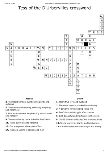 Tess of the D'Urbervilles crossword - English literature