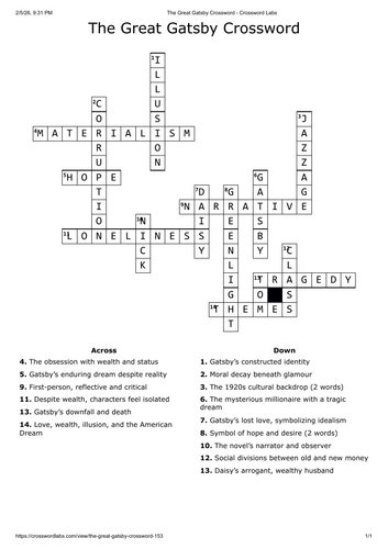 The great Gatsby crossword - English literature