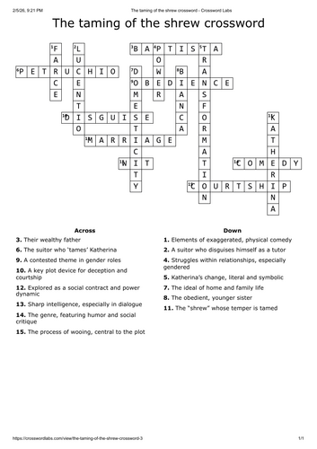 The taming of the shrew crossword - English literature