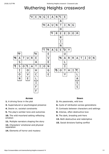 Wuthering heights crossword - English literature