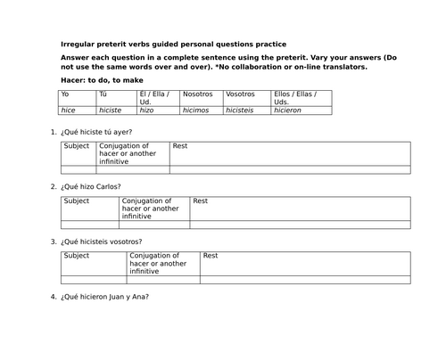 Irregular preterit verbs guided personal questions practice