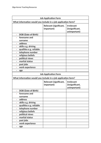 Job Application Form Information