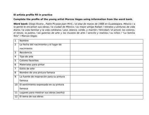 El artista profile fill in practice