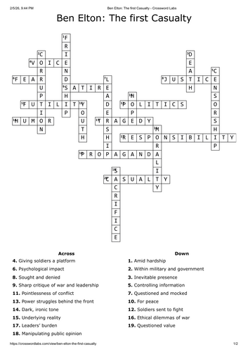 The first casualty crossword - English literature