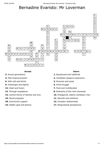Mr Loverman crossword - English literature