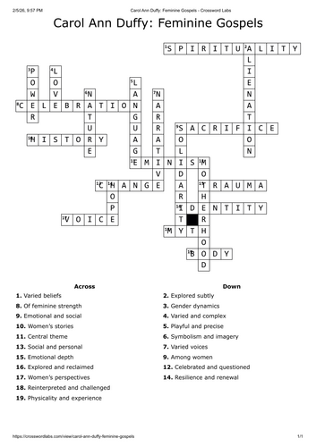 feminine gospels crossword - english literature