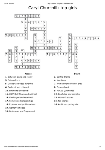 Top Girls crossword - English literature