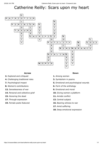 Scars upon my heart crossword - English literature