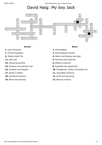 My boy Jack crossword - English literature