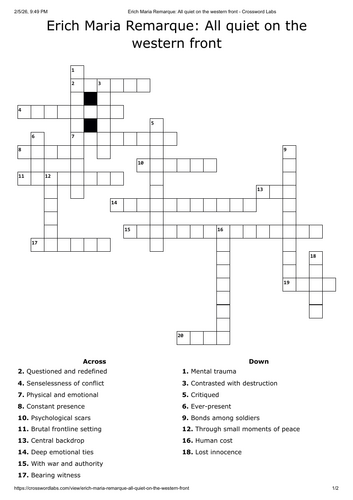 All quiet on the western front crossword. English literature