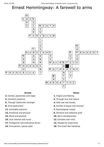 A farewell to arms crossword - English literature