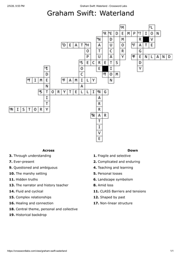 Waterland crossword - English literature