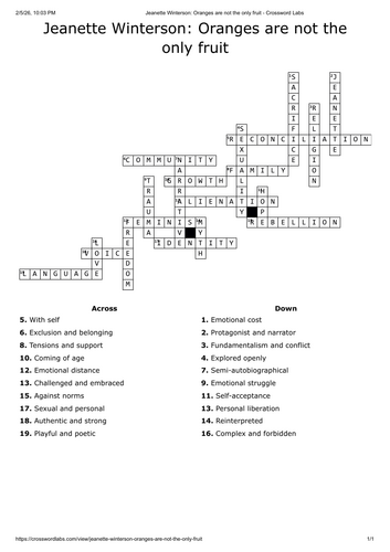 Oranges are not the only fruit crossword - English literature