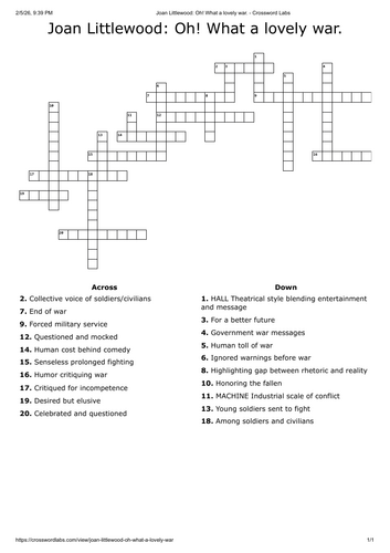 Oh! what a lovely war crossword - English literature
