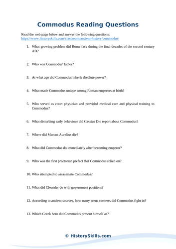Emperor Commodus Reading Comprehension Worksheet