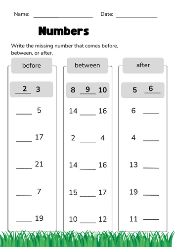 Number Positions: Before, After, and Between (1-20)