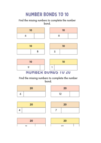Number Bonds to 10 and 20 Bar Models