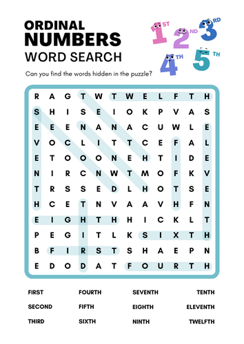 Ordinal Numbers Word Search (1st–12th)
