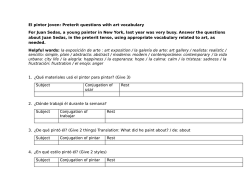 El pintor joven: Preterit questions with art vocabulary