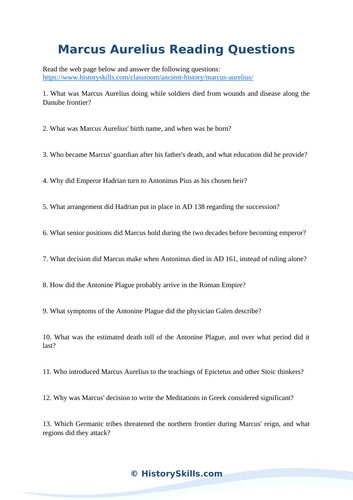 Marcus Aurelius Reading Comprehension Worksheet