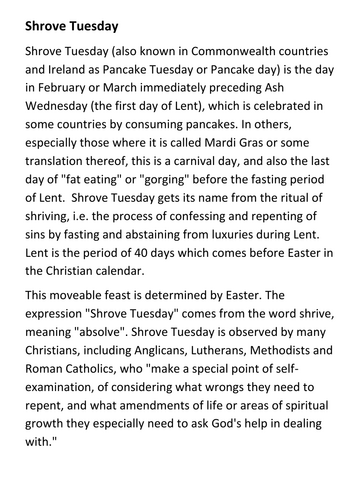 Shrove Tuesday — also known as Pancake Day Handout