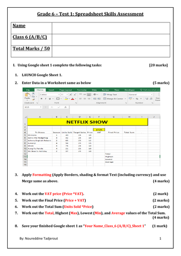 Grade 6 or Year 7_Test 1_Practical Spreadsheet Skills Assessment