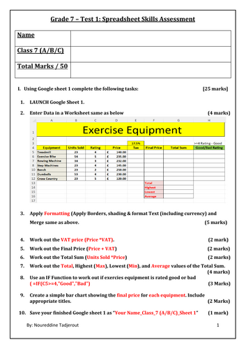 Grade 7 or Year 8_Test 1_Spreadsheet Skills Assessment