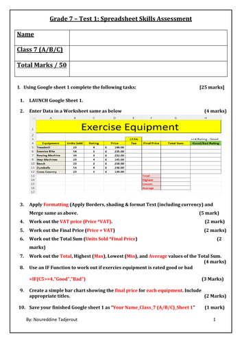 Grade 7 or Year 8_Test 1_Practical Spreadsheet Skills Assessment
