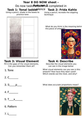 Art - Year 8 DO NOW - Starter Task