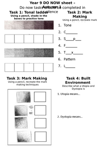 Art - Year 9 Do Now - Starter Task
