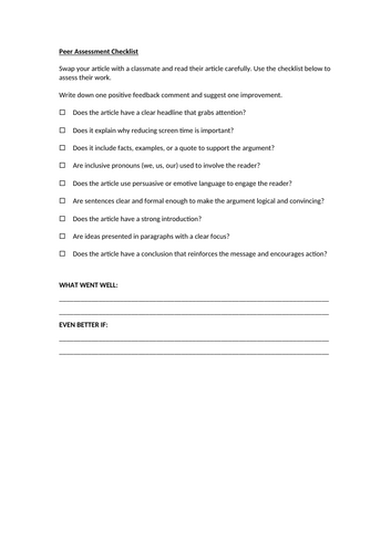 Newspapers - Peer Assessment Checklist