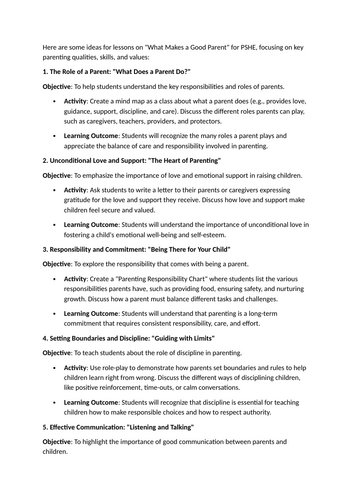 "What Makes a Good Parent" - PSHE lesson ideas