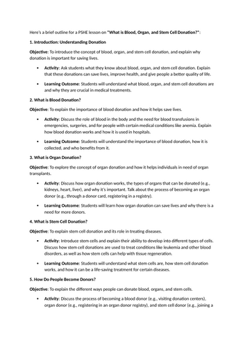 "What is Blood, Organ, and Stem Cell Donation?" - PSHE lesson ideas