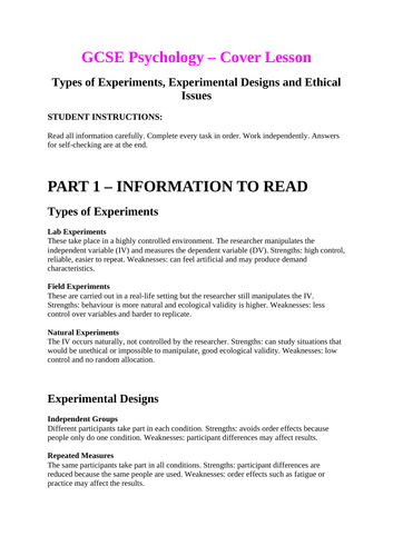 GCSE Psychology – Cover Lesson Types of Experiments, Experimental Designs and Ethical Issues