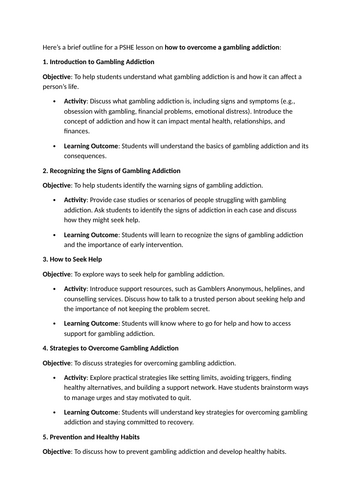 PSHE lesson ideas on how to overcome a gambling addiction