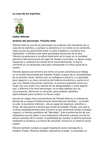 La casa de los espíritus by Isabel Allende – Characters – Tránsito Soto