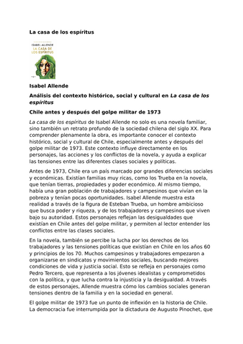 La casa de los espíritus by Isabel Allende – Historical, Social and Cultural Context