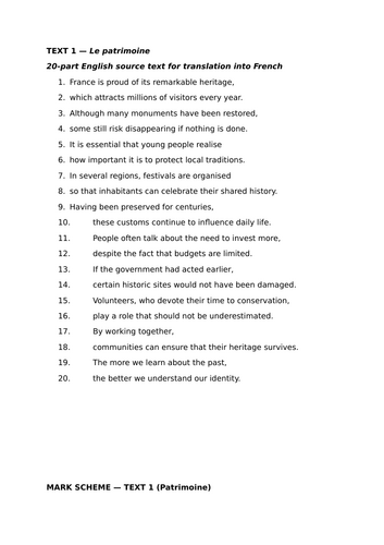 A level french translation practice - Eduqas style(mark out of 20)