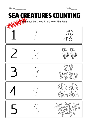 Count, Trace & Colour 1–10 – Sea Creatures Theme